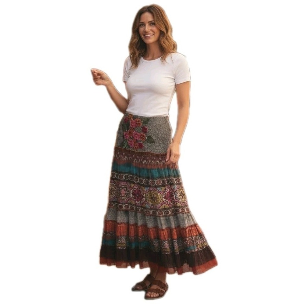 Apropos Boho Patchwork Maxi Skirt Velvet Floral Embroidered Cottagecore Festival